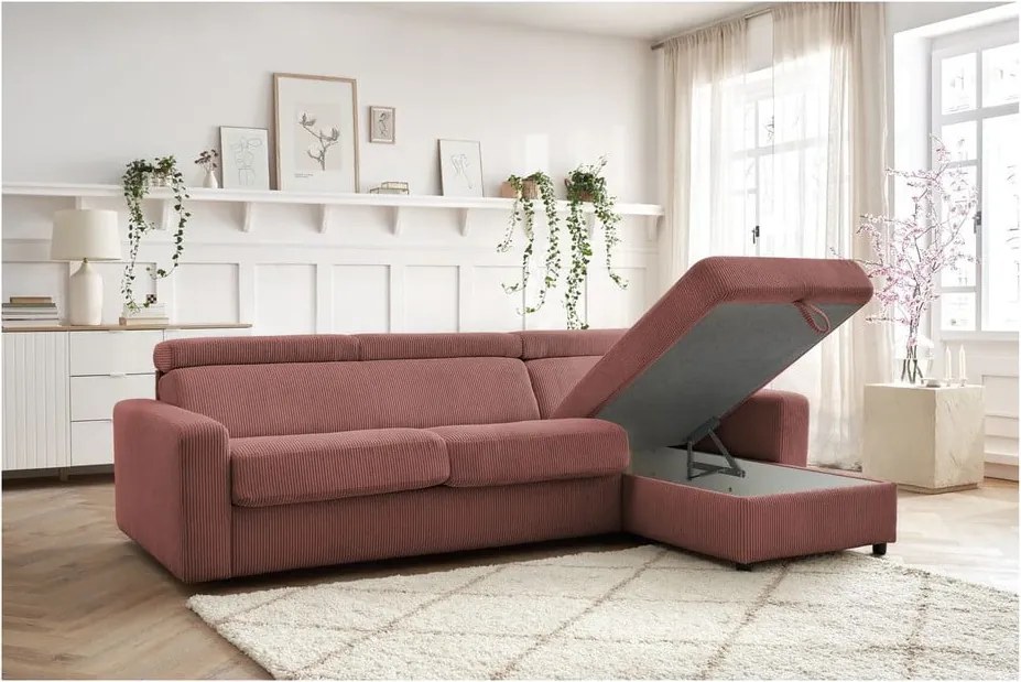 Divano angolare rosa allungabile (con composizione variabile) con rivestimento in velluto a coste Monaco – Bobochic Paris