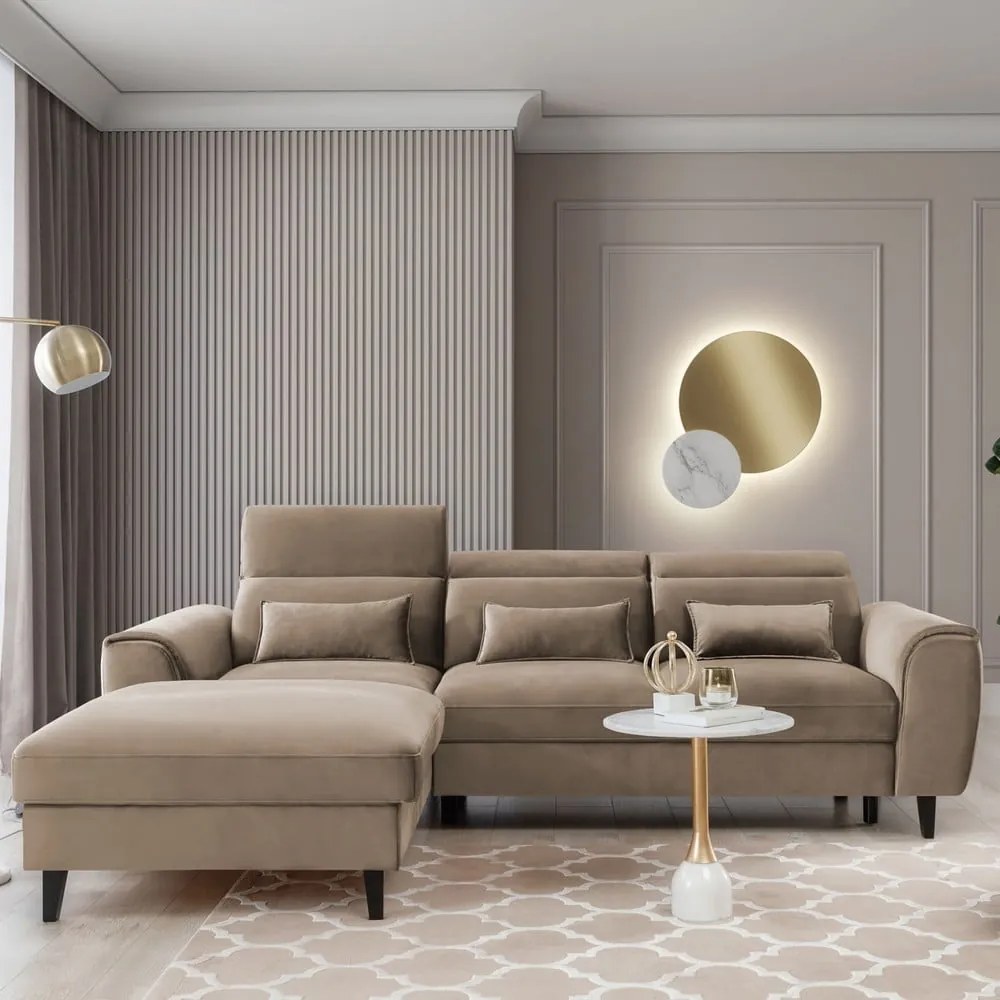 Divano angolare marrone chiaro allungabile/con contenitore (con penisola a sinistra/con chaise lounge) e rivestimento in velluto Foble – ELTAP