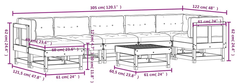 Set Divani da Giardino 8pz con Cuscini in Legno Massello Bianco