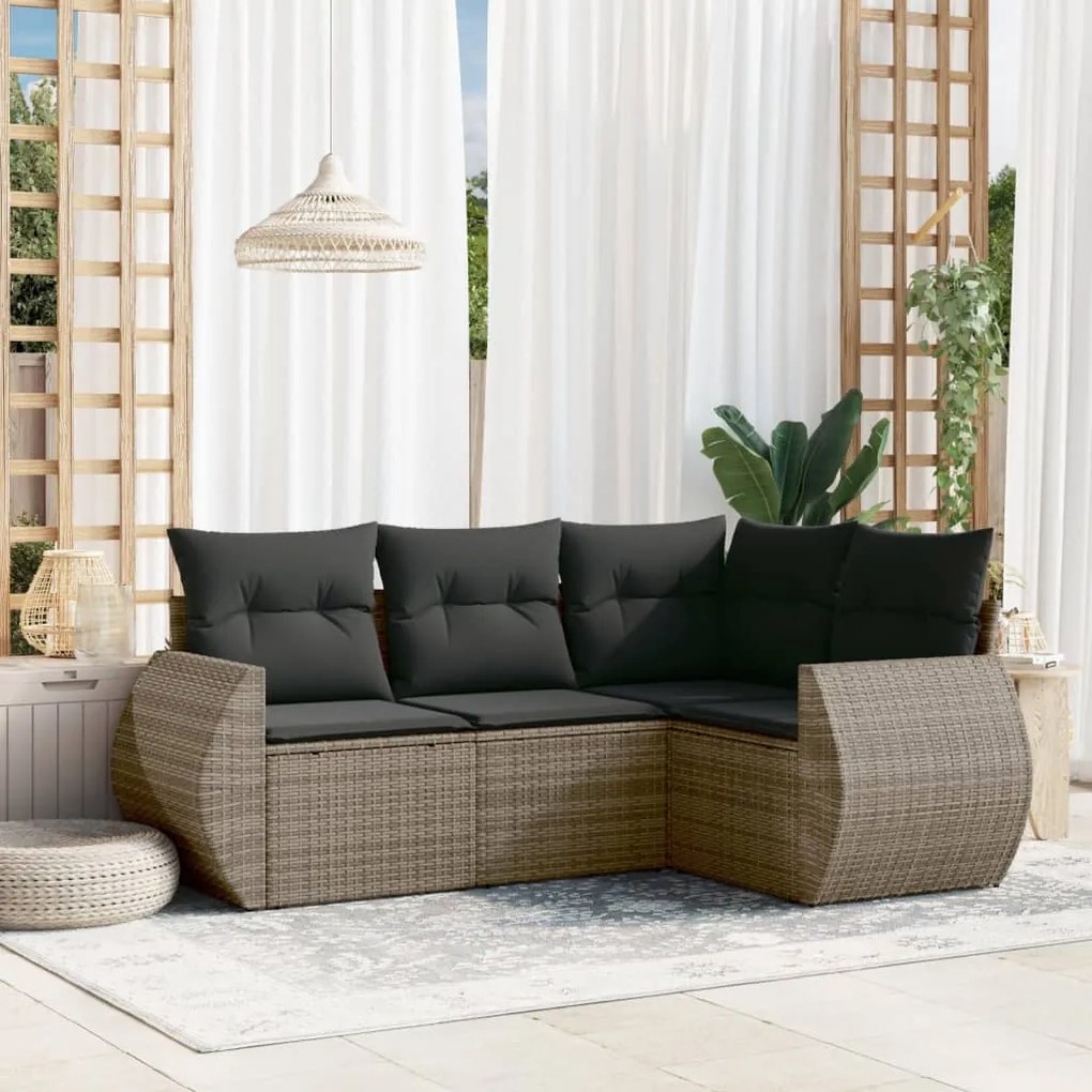 Set Divani da Giardino 4 pz con Cuscini in Polyrattan Grigio