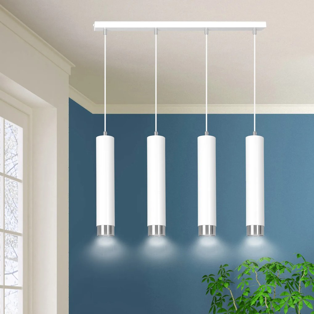 Lampadario 4 Luci Brunilde In Acciaio Bianco E Tubolari In Bianco E Cromo