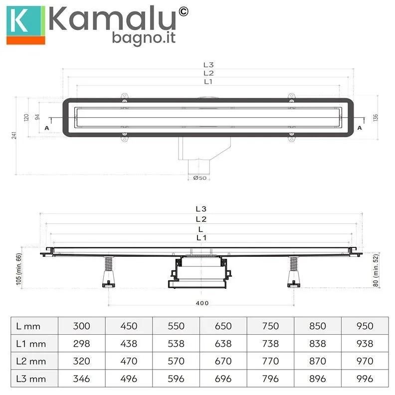 Kamalu - canalina scarico doccia 55cm con coperchio in vetro bianco cb-550