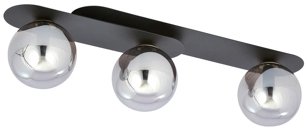 Plafoniera Minimal 3 Luci Teia In Acciaio Nero E Sfere Vetro Fumè