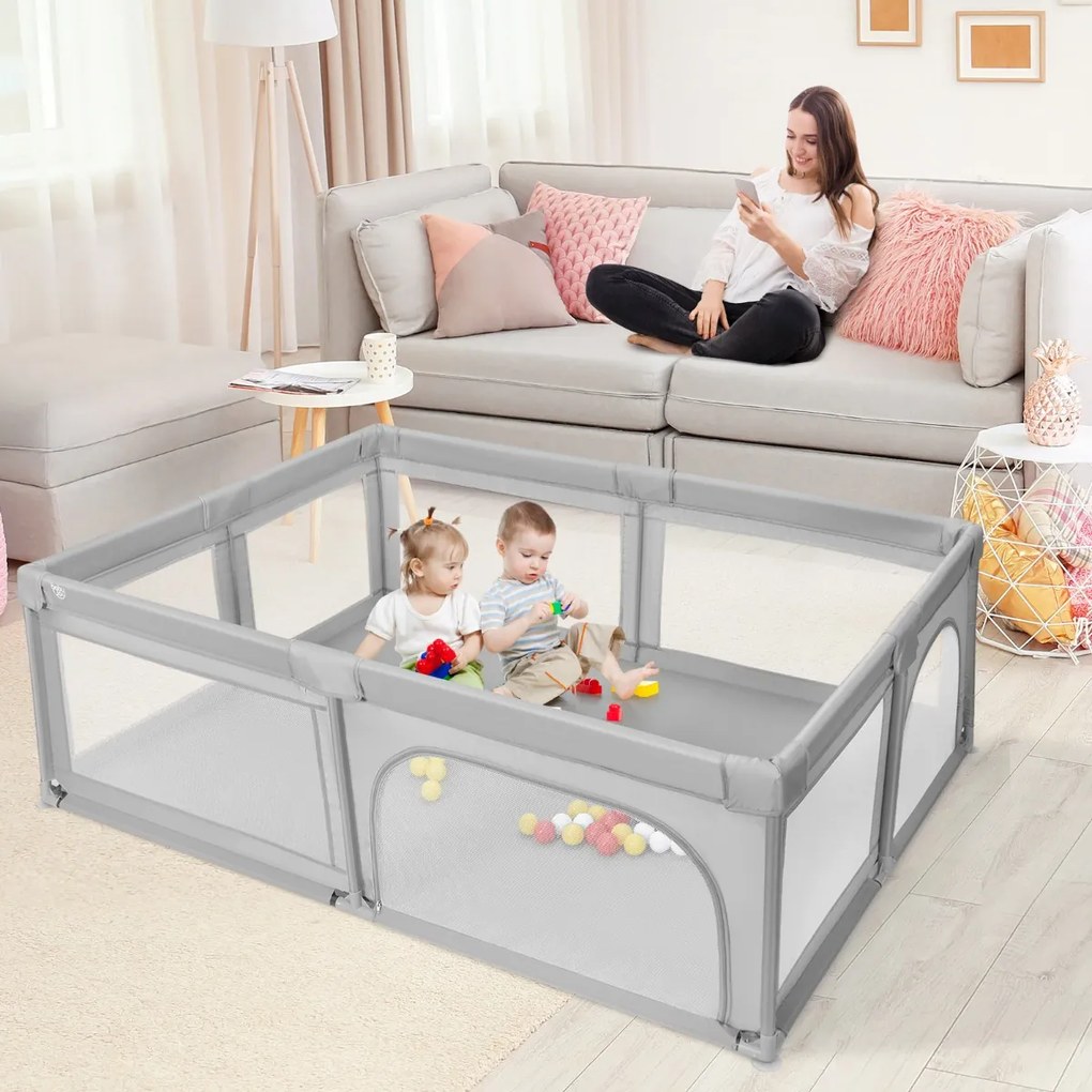 Costway Recinto extra large per neonati e bambini con rete traspirante, Box per bambini per interno ed esterno Grigio