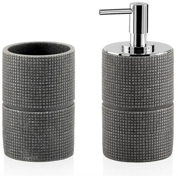 Set bagno dispenser sapone liquido e porta spazzolini grigio in resina Petra