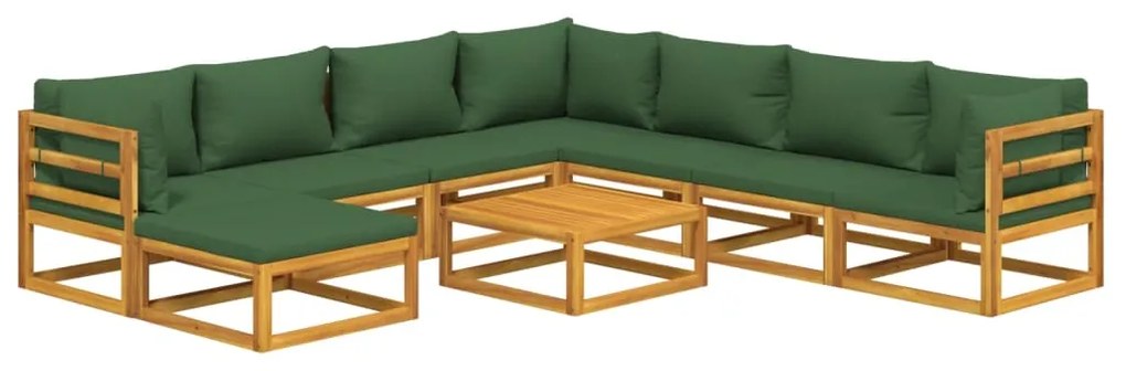 Set salotto da giardino 9pz con cuscini verdi in legno massello