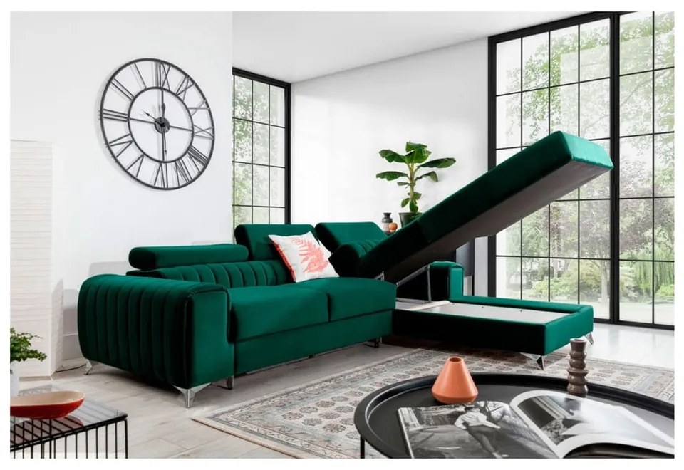 Divano angolare verde allungabile/con contenitore (con penisola a destra/con chaise lounge) e rivestimento in velluto Grayson – ELTAP