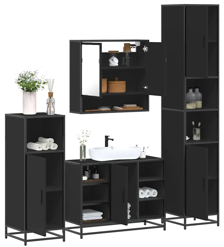 Set Mobili Da Bagno 4 Pz Nero İn Legno Multistrato /