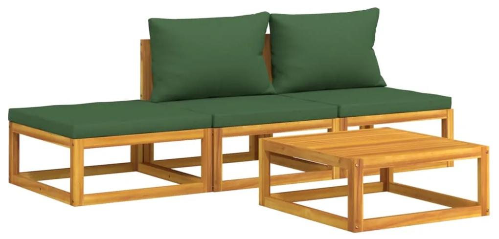 Set salotto da giardino 4 pz con cuscini verdi legno massello