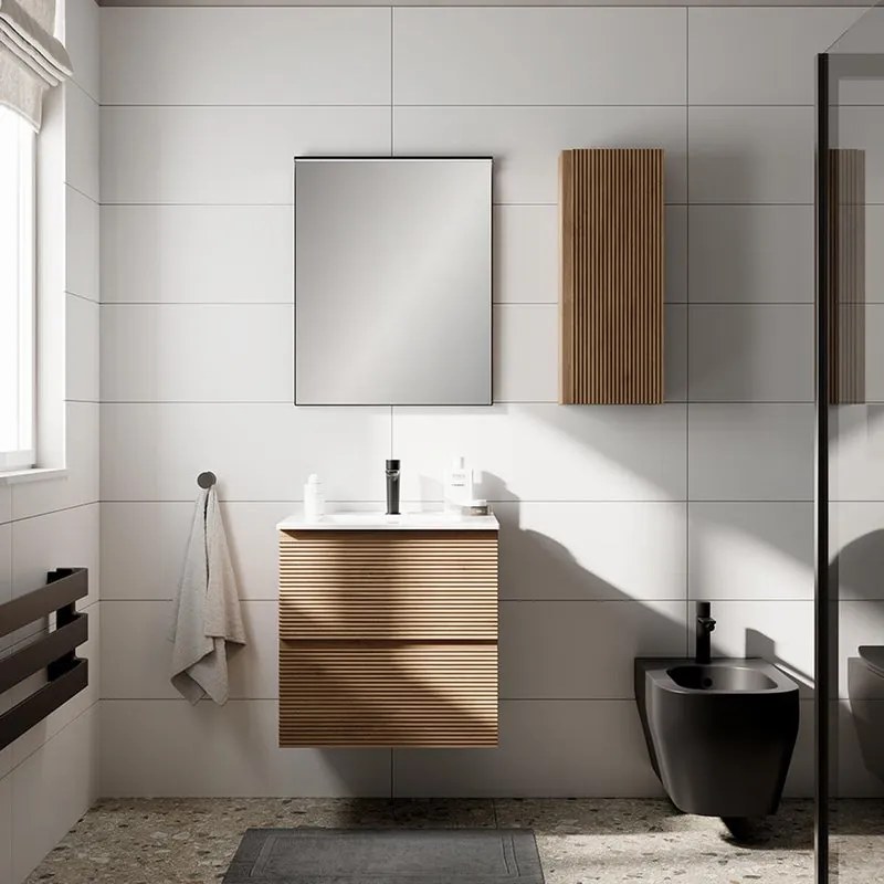 Mobile bagno con lavabo Step L60 x H60 x P46 cm, oak in mdf cannettato 2 cassetti per vasca centrale