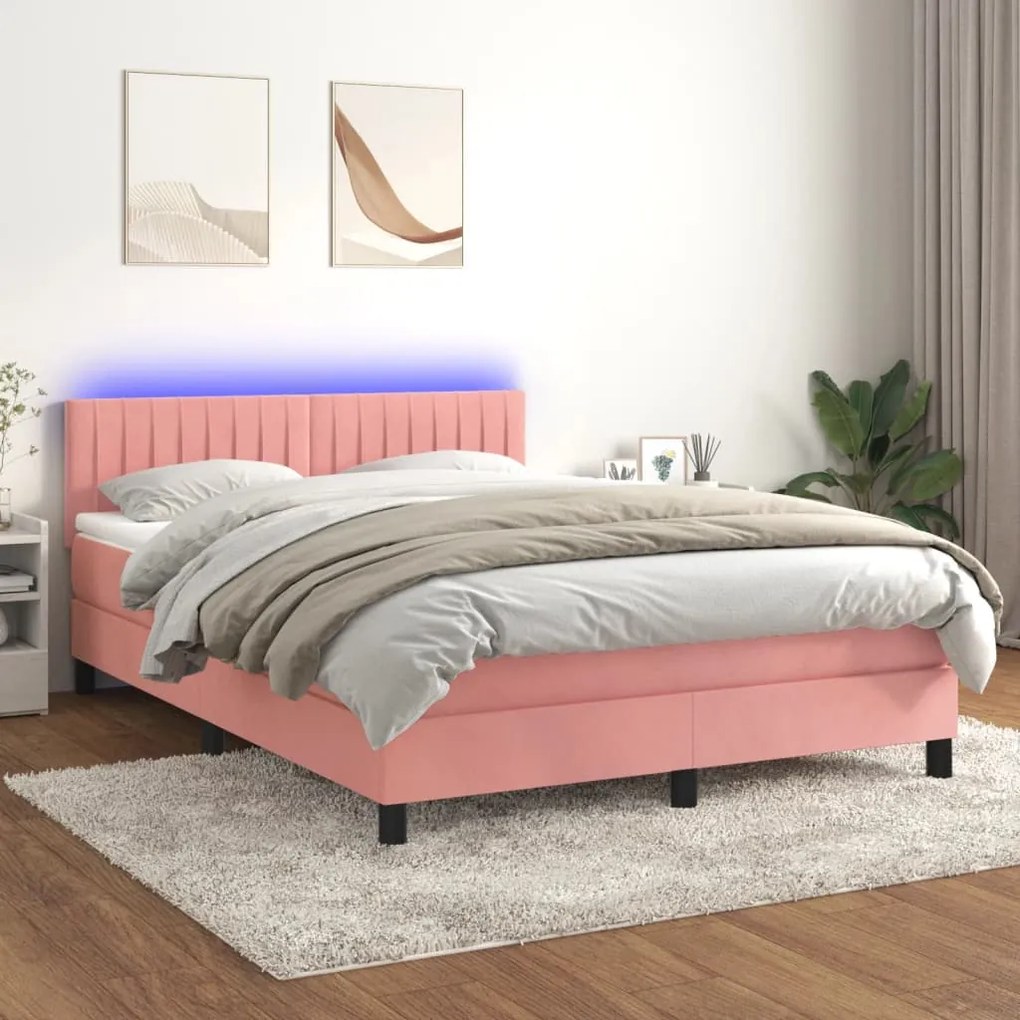 Letto A Molle Con Materasso E Led Rosa 140x190 Cm İn Velluto /
