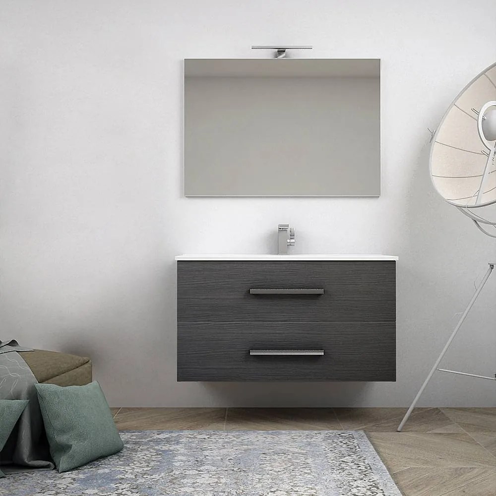 Mobile Bagno Sospeso Moderno 100 cm con cassettoni, specchiera e applique Led.