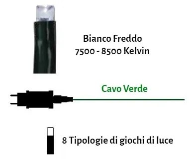 Catenaria NATALIZIA LED 8 GIOCHI DI LUCE, 23m, IP44 - Cavo VERDE Colore Bianco Freddo 7500 - 8500 °K