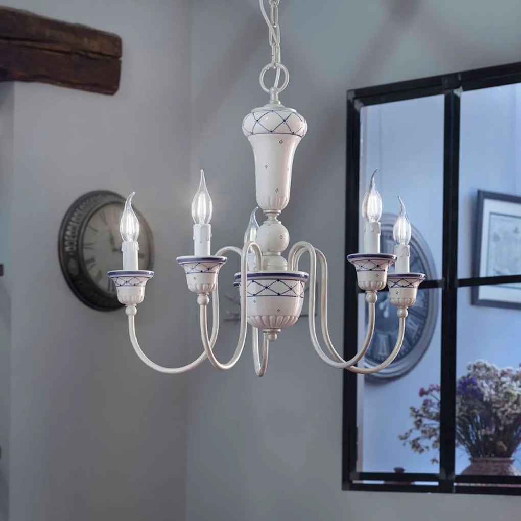 Lampadario Classico Sanremo Metallo E Ceramica Bianco Filo Blu 5 Luci E14
