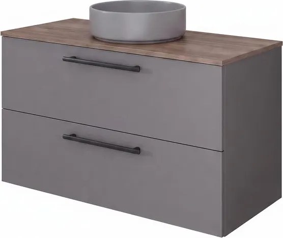 Base sospesa Remix 2 cassetti, L100 X P45X H57.7 cm , grigio cemento con lavabo da appoggio Studio SENSEA tondo in ceramica verde matt