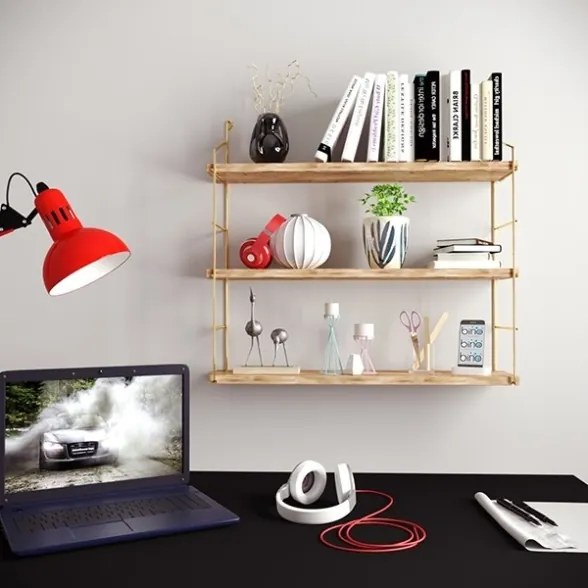 Mensola Industrial 3 Ripiani In Legno E Metallo 60x16x62 Rovere E Oro Jude