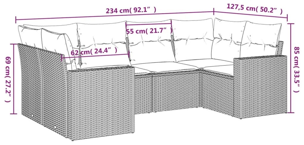 Set divano da giardino 6 pz con cuscini marrone in polyrattan