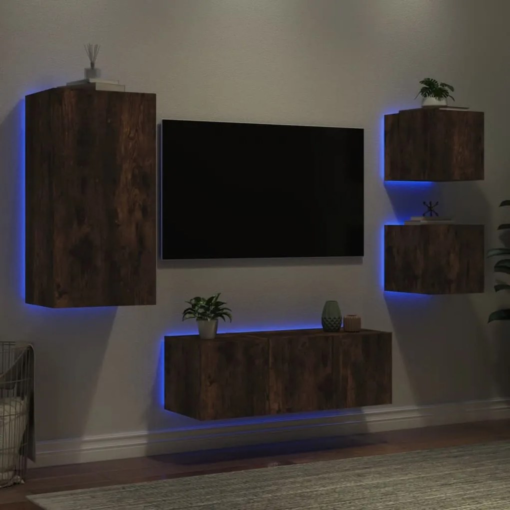 Mobili tv a muro con led 5pz rovere fumo in legno multistrato