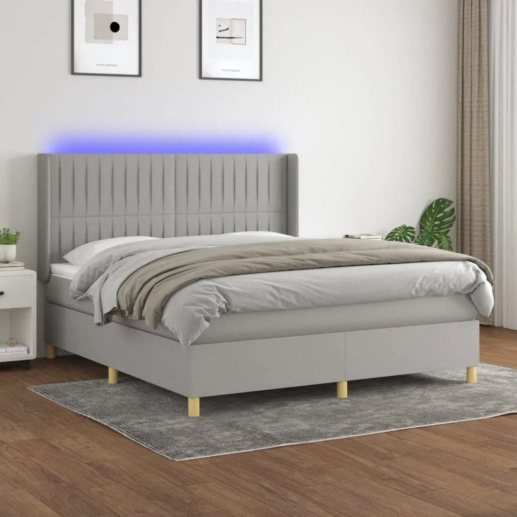 Letto a molle materasso e led grigio chiaro 160x200 cm tessuto