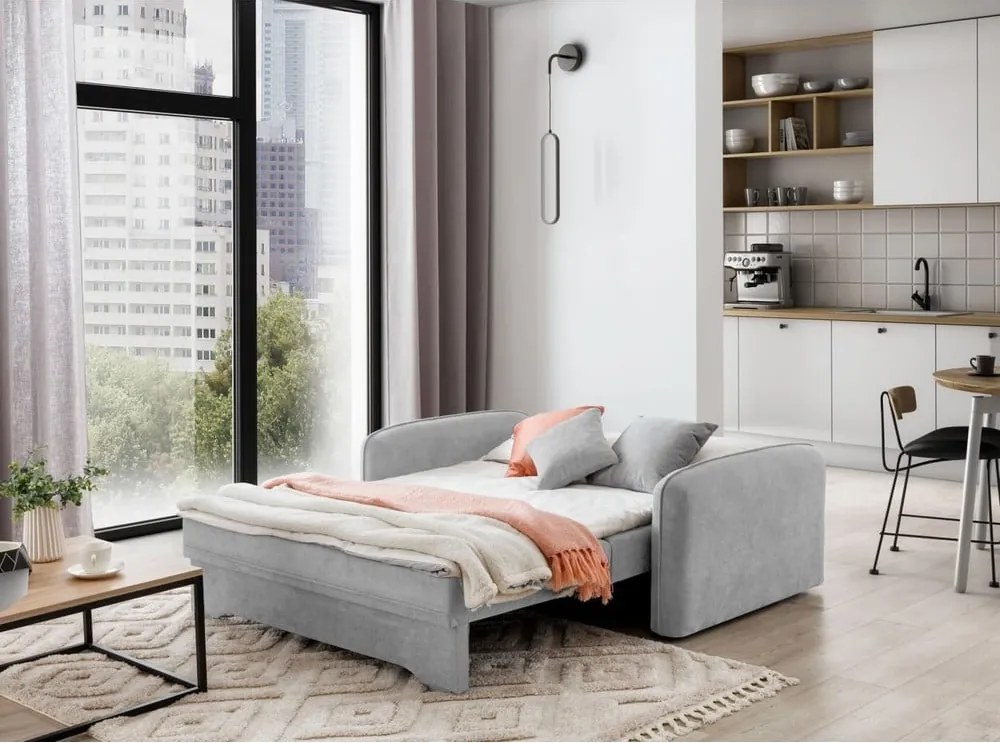 Divano grigio chiaro allungabile/con contenitore e rivestimento in ciniglia 155 cm Laine – ELTAP