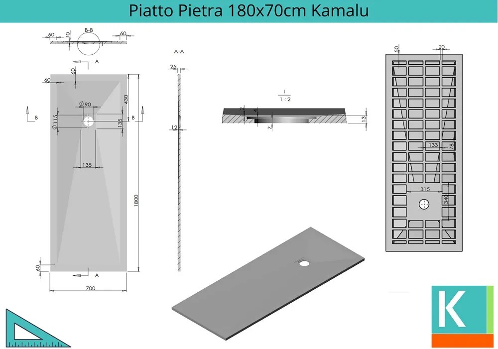 Piatto doccia 180x70cm effetto pietra grigio cemento - KAMALU