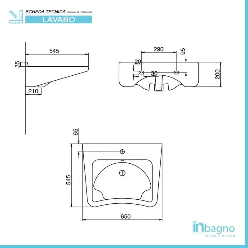 Lavabo sospeso 65 cm per disabili con fissaggio senza staffe