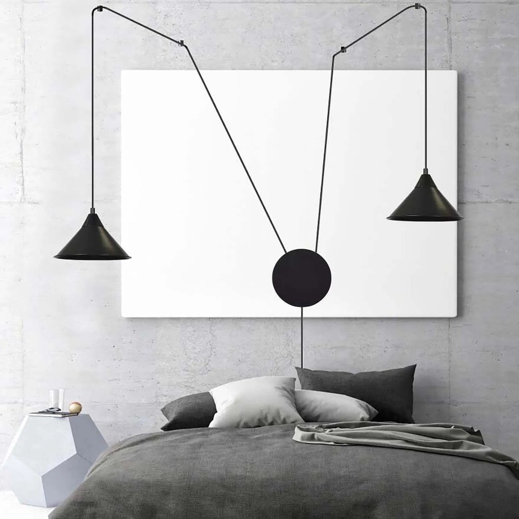 Sospensione Minimal 2 Luci Fujin In Acciao Nero E Paralume A Cono