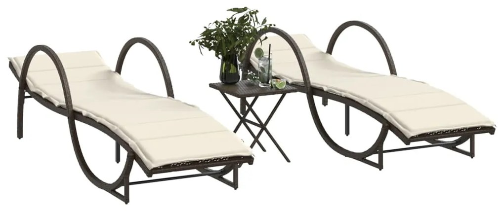 Lettini prendisole 2 pz con tavolino marrone in polyrattan