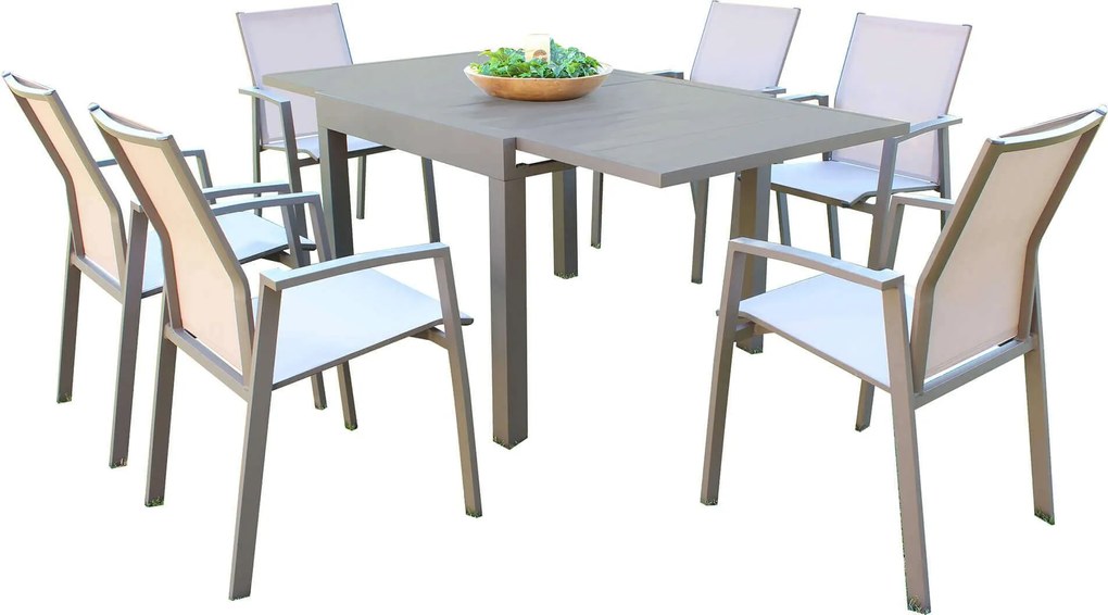 JERRI - set tavolo in alluminio cm 90/180 x 90 x 75 h con 6 poltrone Lotus