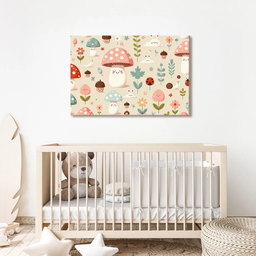 Quadro su tela – Foresta allegra con funghi e animali
