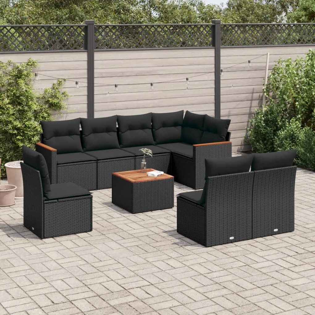 Set divani da giardino 9 pz con cuscini nero in polyrattan