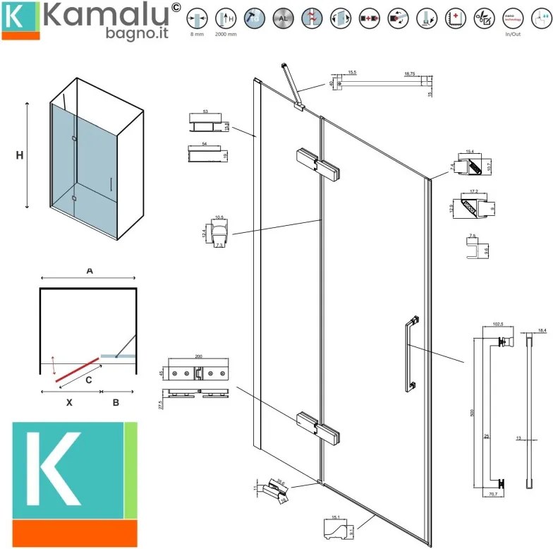 Kamalu - Porta doccia 80cm battente e fisso colore bianco | KT4000B