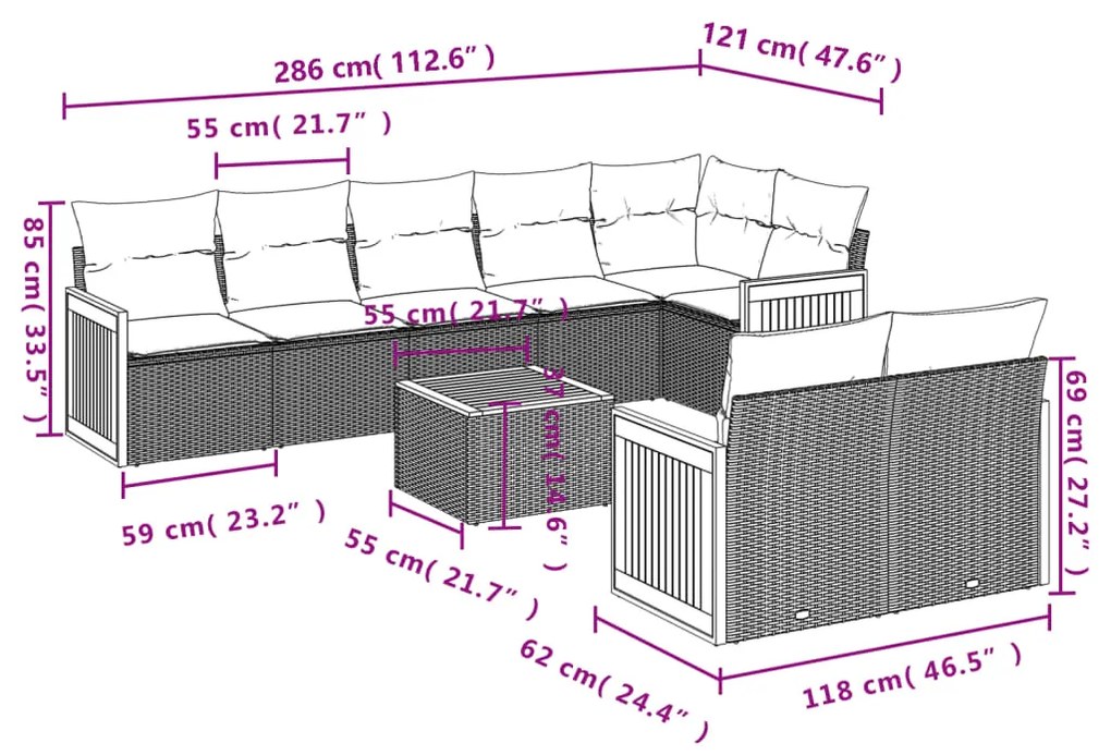 Set Divani da Giardino 9 pz con Cuscini Nero in Polyrattan