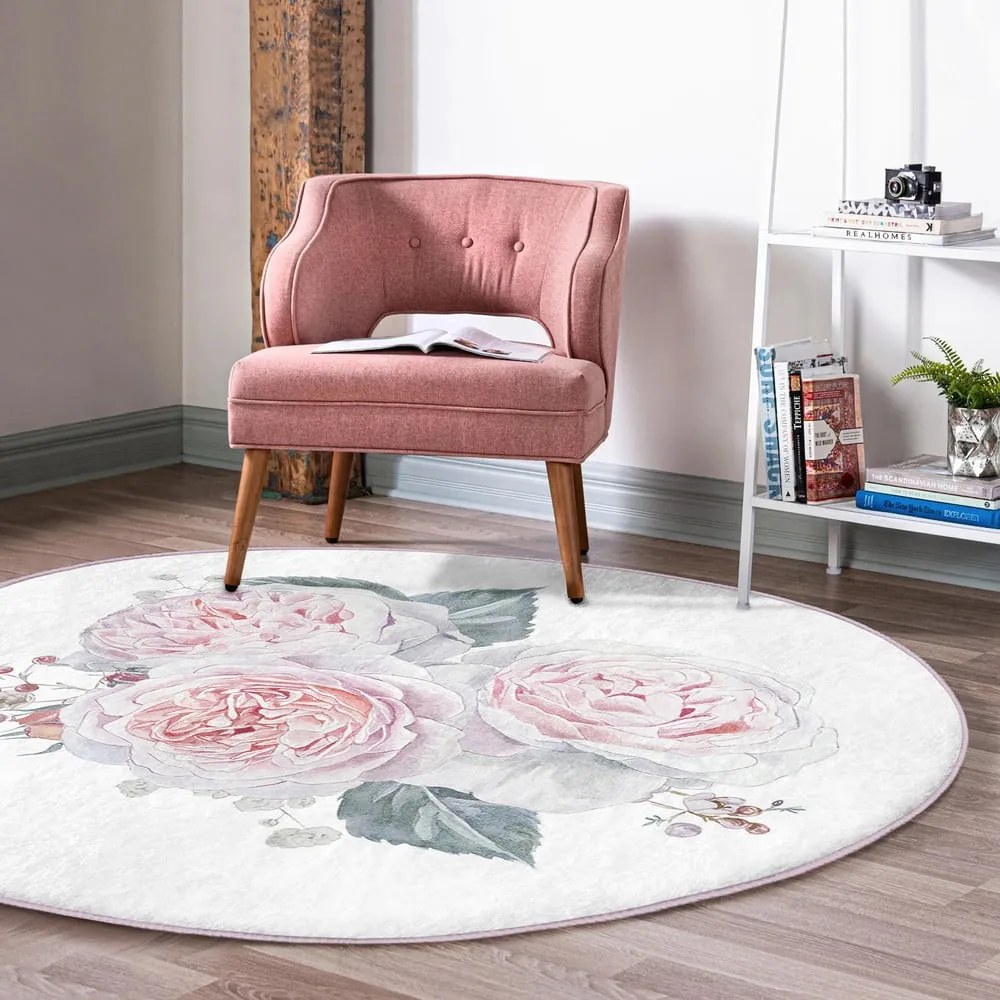 Tappeto rotondo lavabile bianco e rosa adatto ai robot aspirapolvere ø 100 cm Comfort - Mila Home