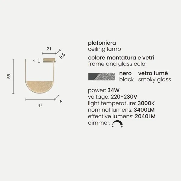 Plafoniera LOTUS con inserto amovibile in vetro granigliato FUMÉ 55x47 cm