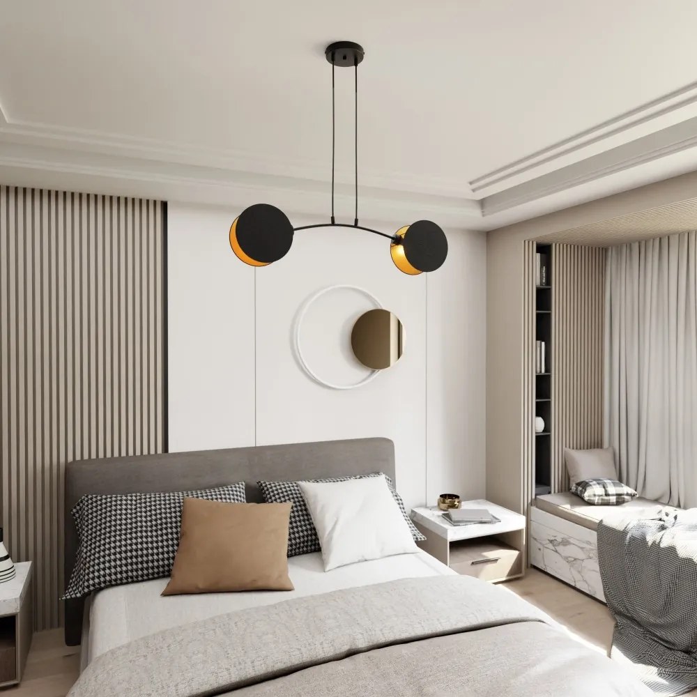 Lampadario a Sospensione MOTIF 2 In Acciaio e Tessuto 2xE27 Colore del corpo Nero e Oro