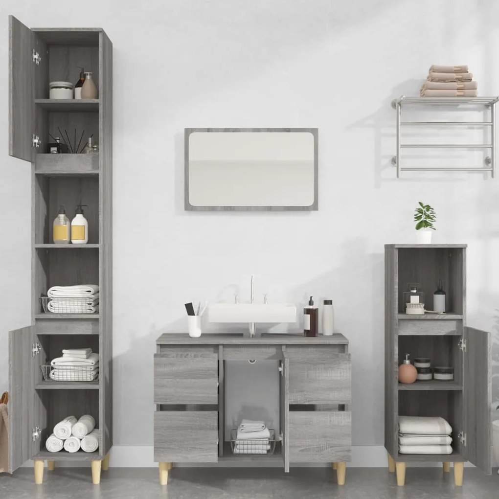 Set mobili da bagno 3 pz grigio sonoma in legno multistrato