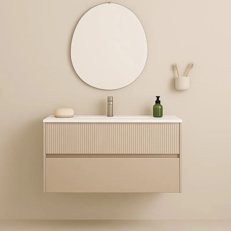 Mobile da bagno sospeso sotto lavabo Niwa 2 cassetti L 89.5 x H 50 x P 45.5 cm Beige Greige  laccato opaco cannettato