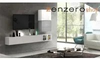 Soggiorno Zenzero, parete attrezzata moderna con pensili in finitura Bianco lucido, Gesso e Grigio Artico, ZLCAINFSOGBNS