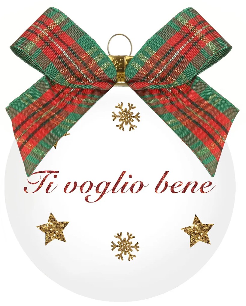 Pallina Natale Ti voglio bene 10 cm fiocco tartan rosso