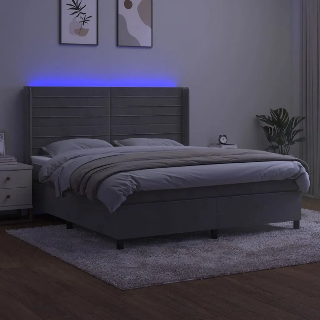 Letto a molle materasso e led grigio chiaro 180x200 cm velluto