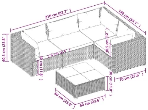 Set Divani da Giardino 5 pz con Cuscini in Polyrattan Grigio