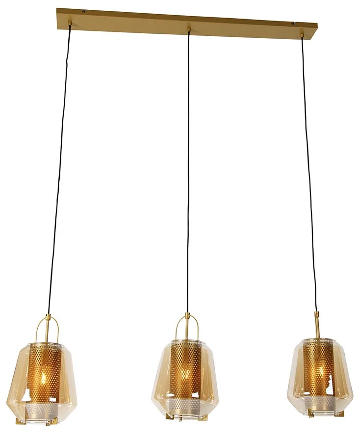 Lampadario oro con vetro ambrato 23 cm oblungo 3 luci - Kevin