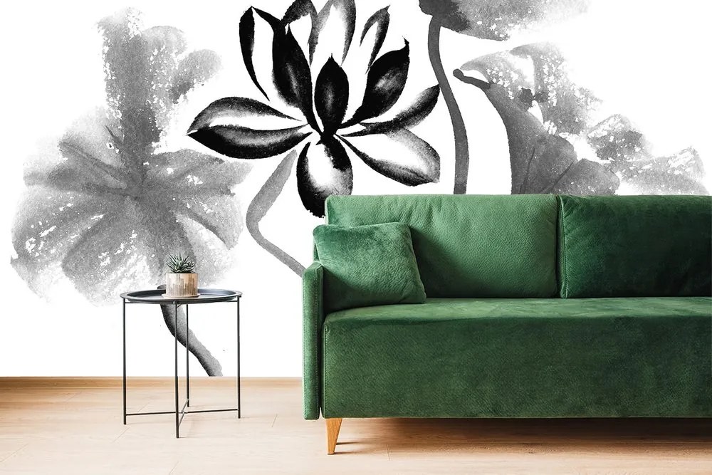 Carta da parati – Fiore di loto ad acquerello in bianco e nero