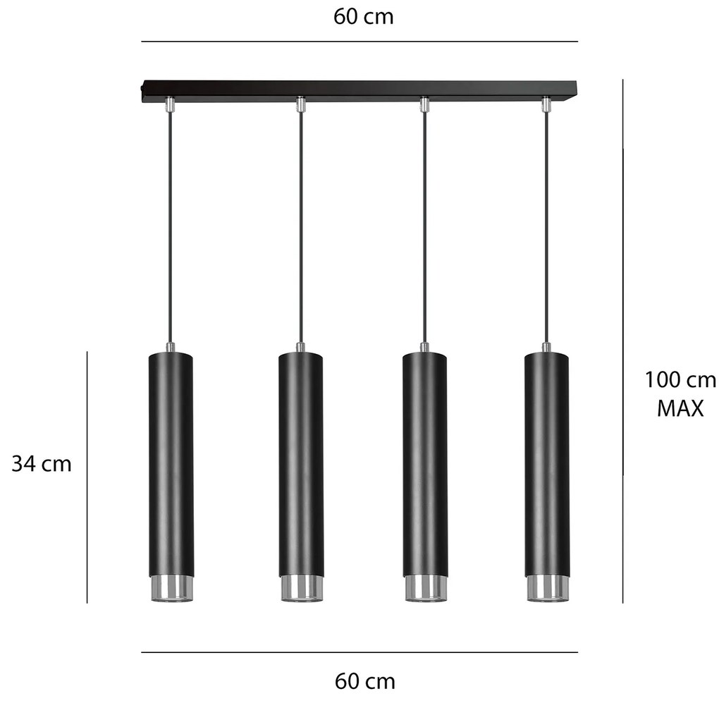 Lampadario 4 Luci Brunilde In Acciaio Nero E Tubolari In Nero E Cromo