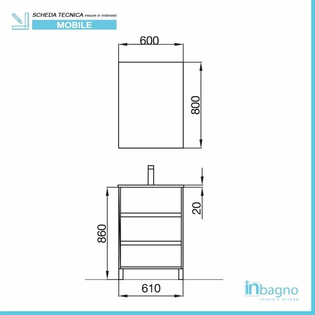 Mobile bagno a terra 60 cm bianco lucido con 3 cassettoni lavabo e specchio Saxsi