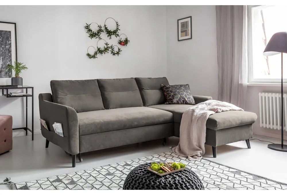Divano letto angolare in velluto grigio scuro, angolo destro Stylish Stan - Miuform
