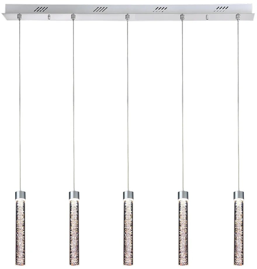 Lampadario A Sospensione Moderno Crackle 5 Luci Metallo Cromo Vetro Led 24W