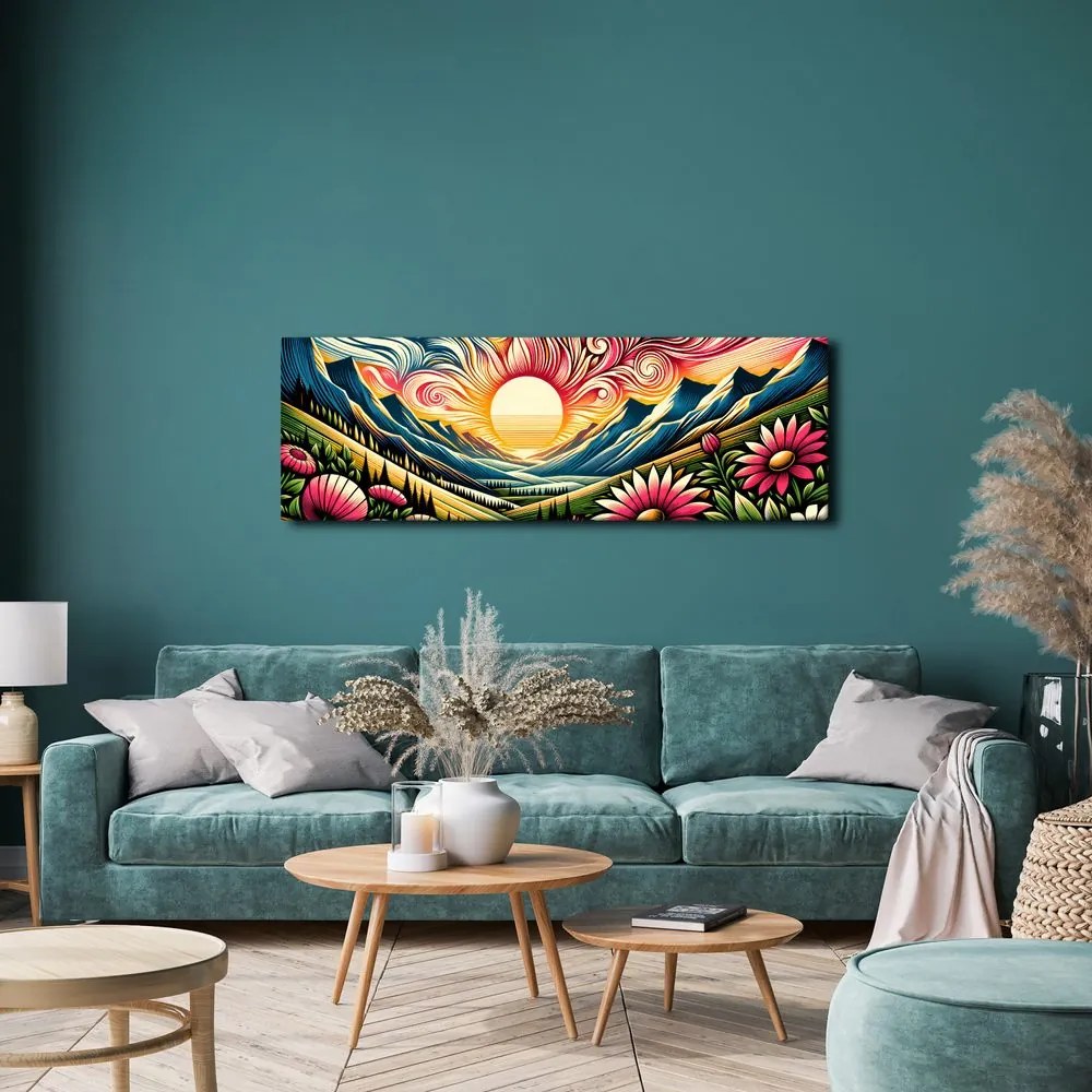 Quadro su tela – Paesaggio solare con fiori e montagne