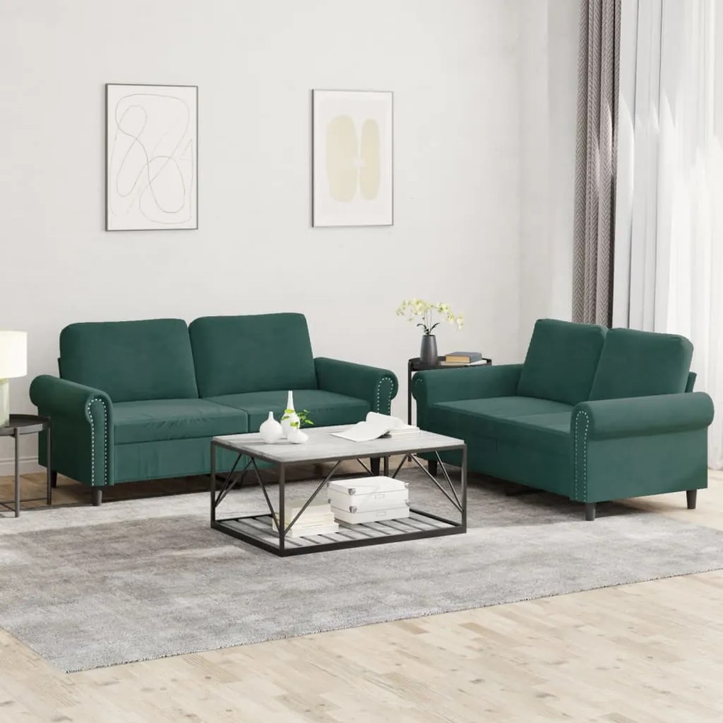 Set Di Divani 2 Pz Con Cuscini Verde Scuro İn Velluto /